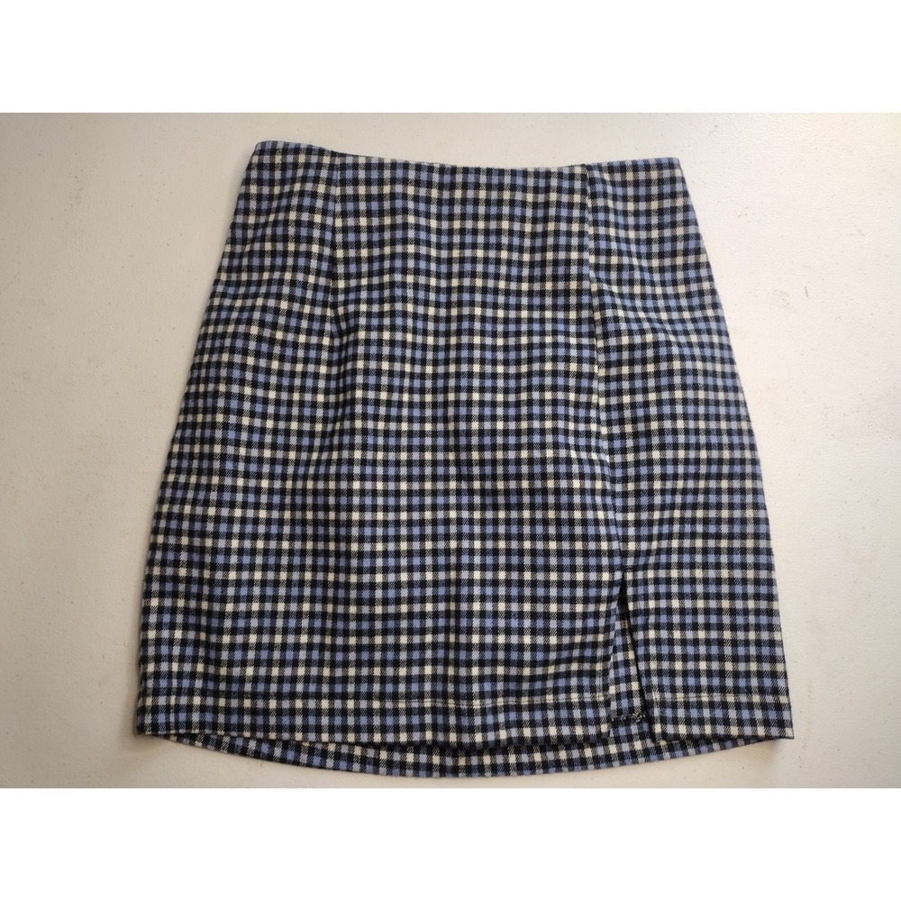 Wild Fable‎ Gingham Mini Skirt Black Blue White Side Slit Zip Back 00